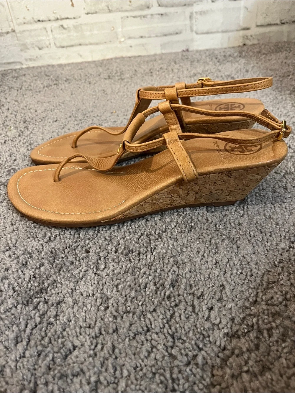Tory Burch tan leather wedge sandals